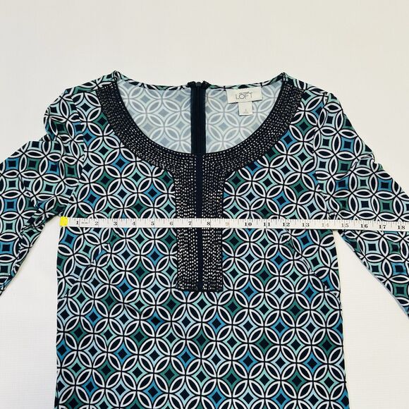 LOFT Blue Geometric Sheath Dress Womens Size 2 Bugle Bead Neckline - Picture 9 of 12